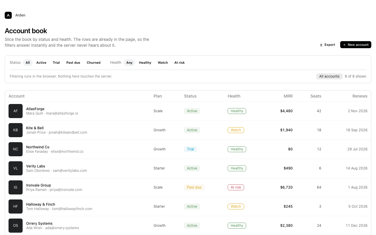 Table with filters preview